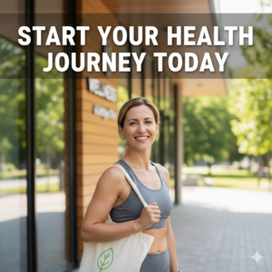 Smiling woman in athletic wear holding a tote bag outside a wellness center with text overlay saying ‘Start Your Health Journey Today,’ promoting fitness and healthy living.