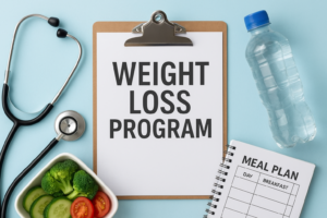 Flat lay of a weight loss program setup with clipboard, meal plan notebook, stethoscope, water bottle, and healthy vegetables symbolizing a balanced diet and medical weight loss plan.