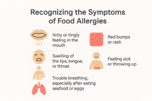 An infographic titled ‘Recognizing the Symptoms of Food Allergies’ with a light beige background. It shows icons and text illustrating five symptoms: an orange mouth with lines indicating tingling and the text ‘Itchy or tingly feeling in the mouth’; a red patch labeled ‘Red bumps or rash’; a face and upper body icon with swelling labeled ‘Swelling of the lips, tongue, or throat’; a sick person holding their stomach labeled ‘Feeling sick or throwing up’; and red lungs labeled ‘Trouble breathing, especially after eating seafood or eggs.’ The layout is clean, minimal, and easy to read